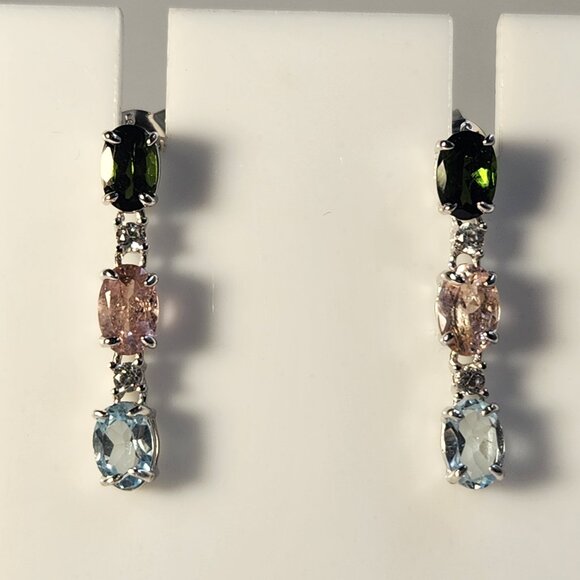 VTG NIB 925 Tourmaline Multi-Gem Dangle Drop Stud Earrings Signed 1" - Picture 1 of 14